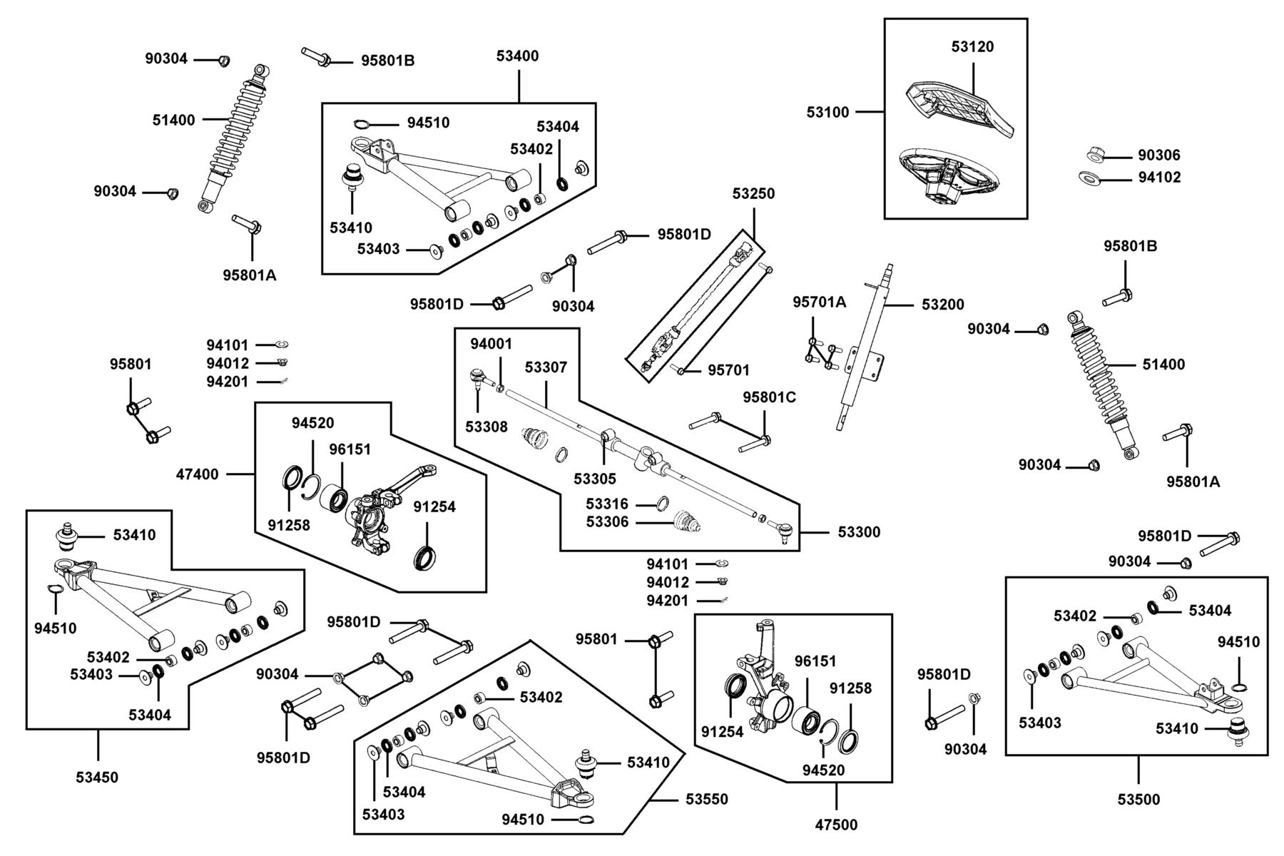 KYMCO UXV 500i LE (2012) Cushion Assy Fr and Wheel Assy Steering parts diagram