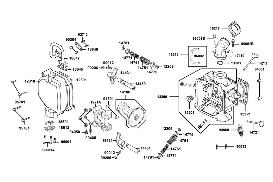 E02 Cylinder Head Cover and Cylinder Head parts diagram