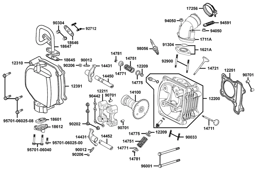 E02 Cylinder Head Cover and Cylinder Head parts diagram