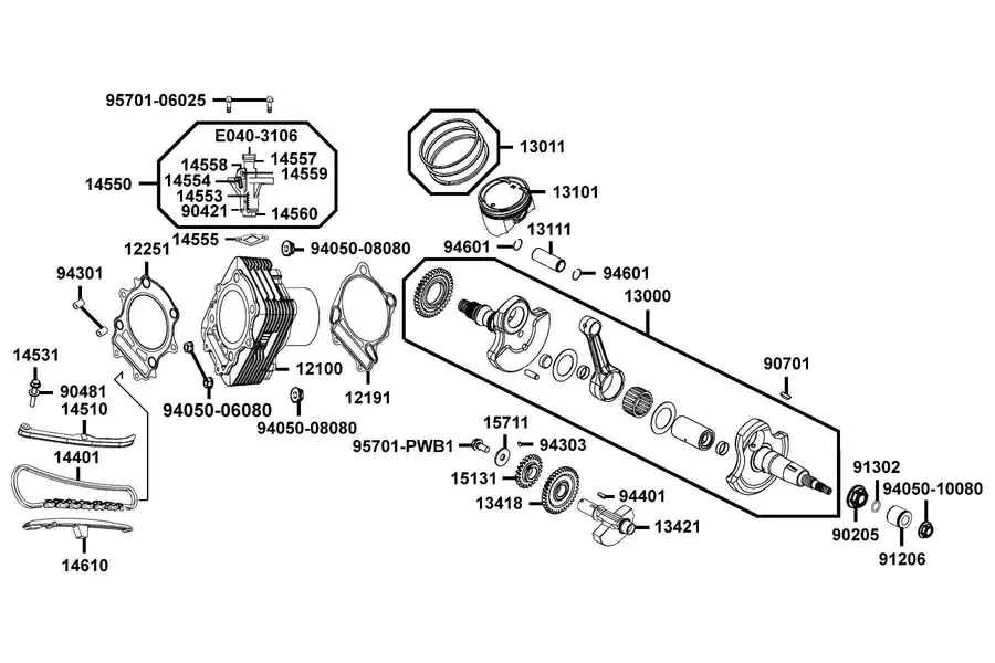 E04 Cylinder, Piston and Crankshaft parts diagram