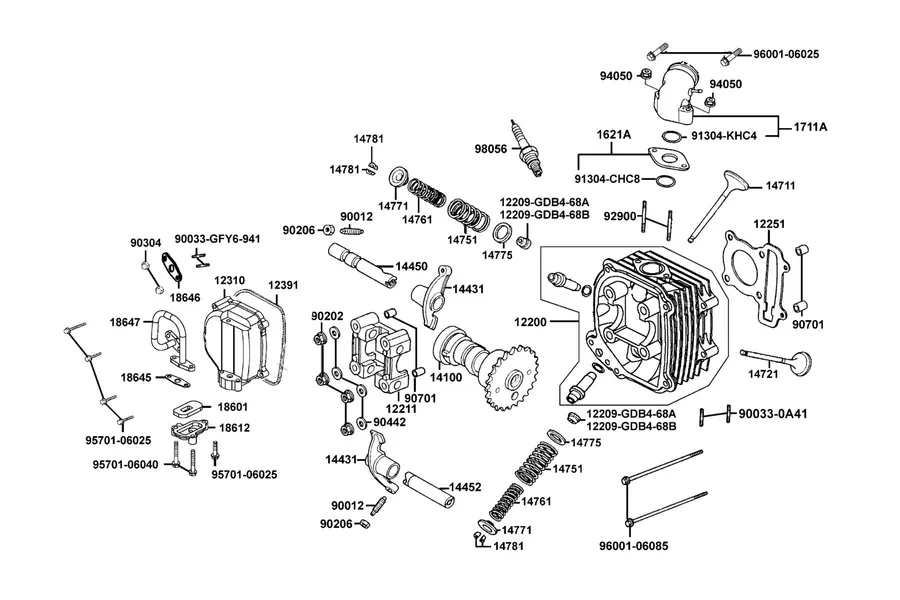 E02 Cylinder Head Cover and Cylinder Head parts diagram