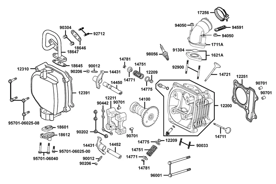 E02 Cylinder Head Cover and Cylinder Head parts diagram
