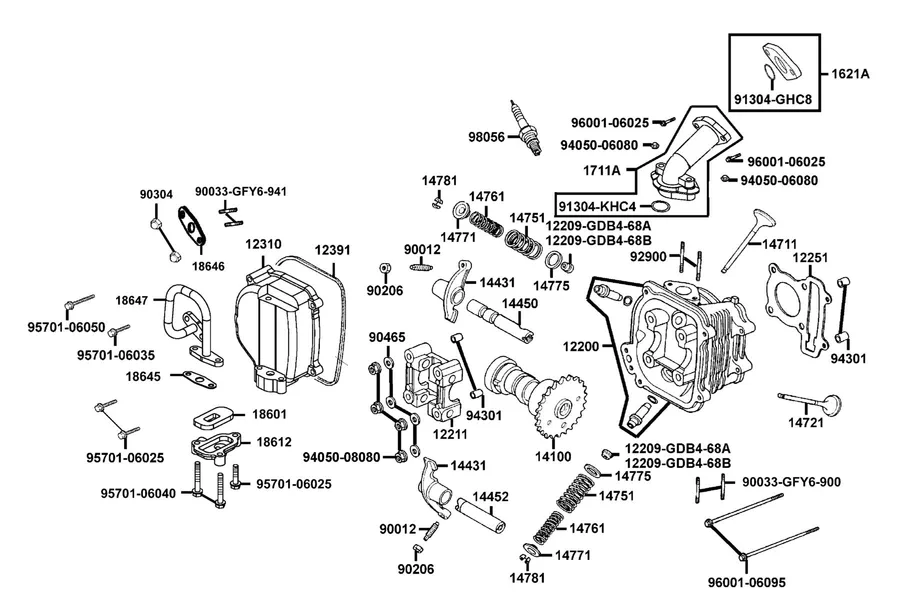E02 Cylinder Head Cover and Cylinder Head parts diagram