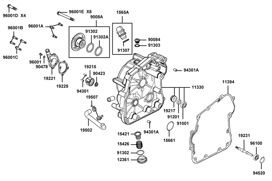 E04 Right Crankcase Cover and Water Pump parts diagram