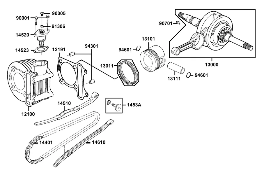 E03 Cylinder, Piston and Crankshaft parts diagram