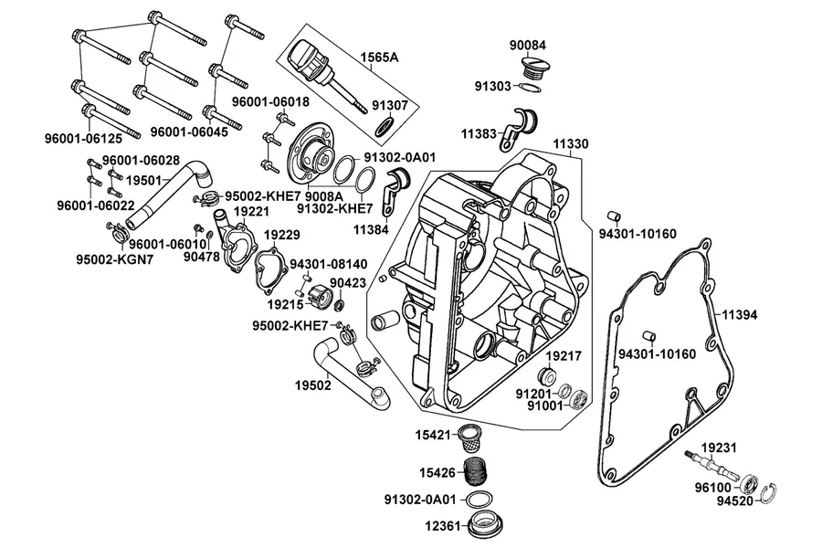 E04 Right Crankcase Cover and Water Pump parts diagram