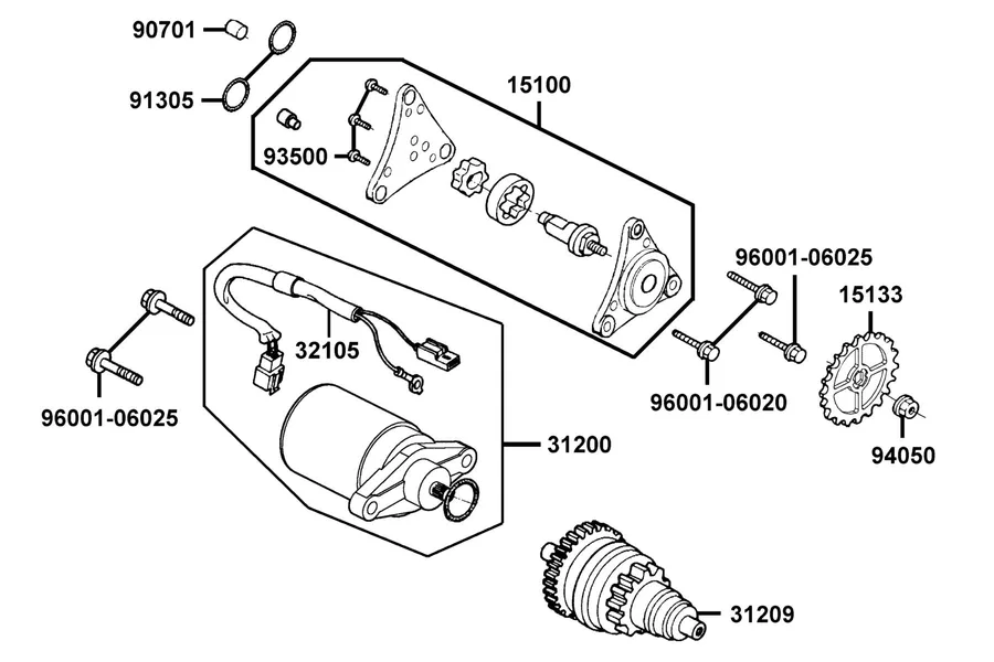 E06 Starting Motor and Oil Pump parts diagram