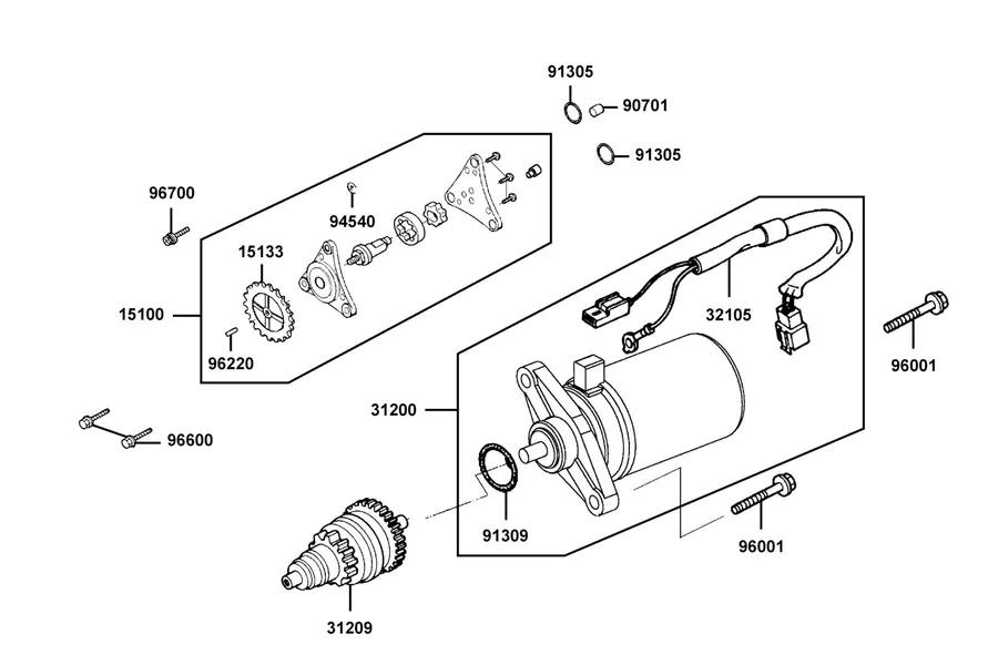 E06 Starting Motor and Oil Pump parts diagram