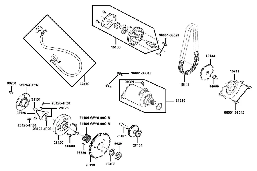 E06 Starting Motor and Oil Pump parts diagram