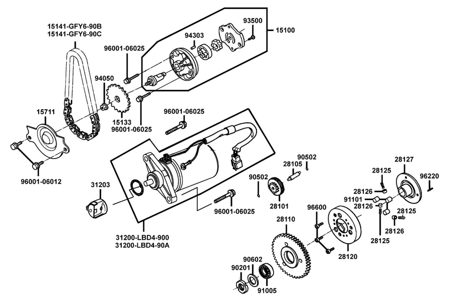 E06 Starting Motor and Oil Pump parts diagram