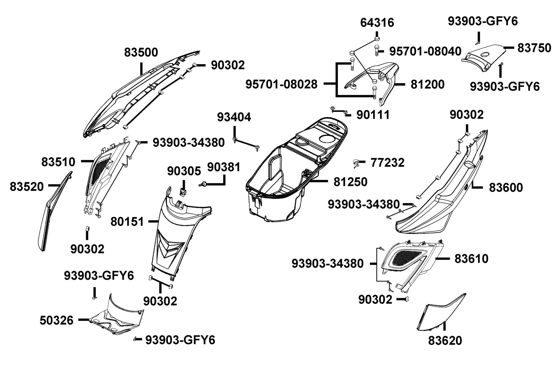 KYMCO SUPER 8 50 2T Body Cover and Luggage Box parts diagram