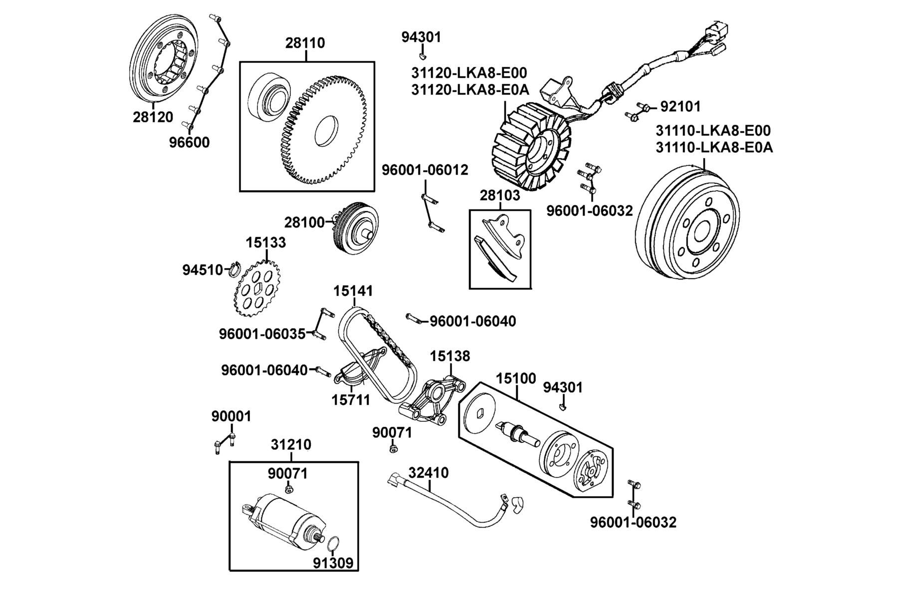 KYMCO UXV 500I Starting Motor and Generator parts diagram