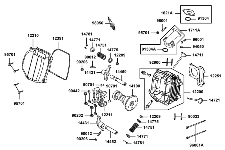 E02 Cylinder Head Cover and Cylinder Head parts diagram