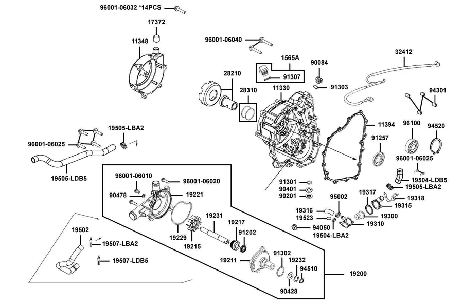 E04 Right Crankcase Cover and Water Pump parts diagram