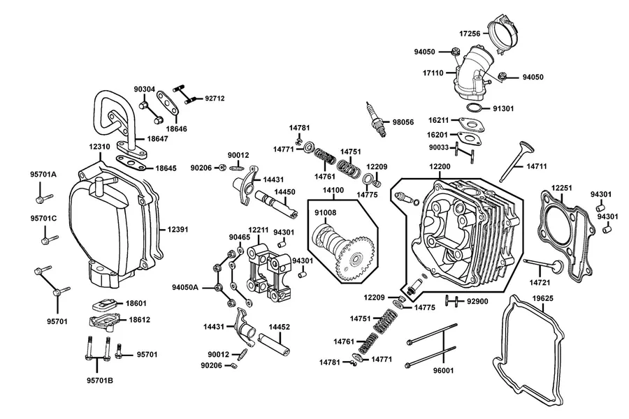E02 Cylinder Head Cover and Cylinder Head parts diagram