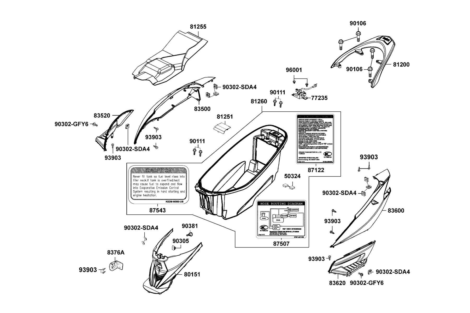 KYMCO MOVIES 150 i (2013+) Body Cover and Luggage Box parts diagram