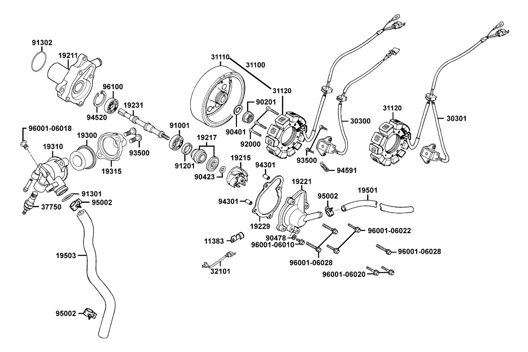 KYMCO B&W 150 Generator and Water Pump parts diagram