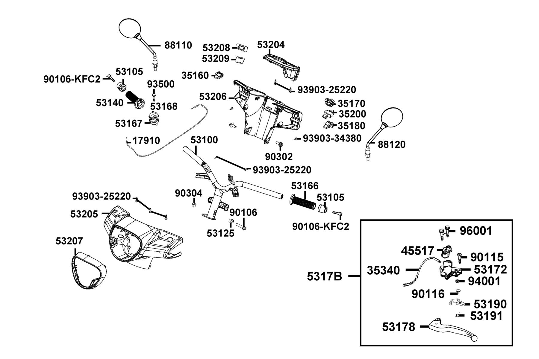 LIKE(2)50(2019~) Handle Steering ● Handle Cover parts diagram