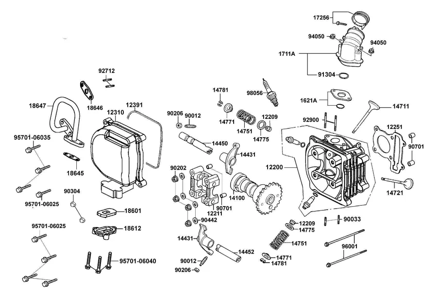 E02 Cylinder Head Cover and Cylinder Head parts diagram