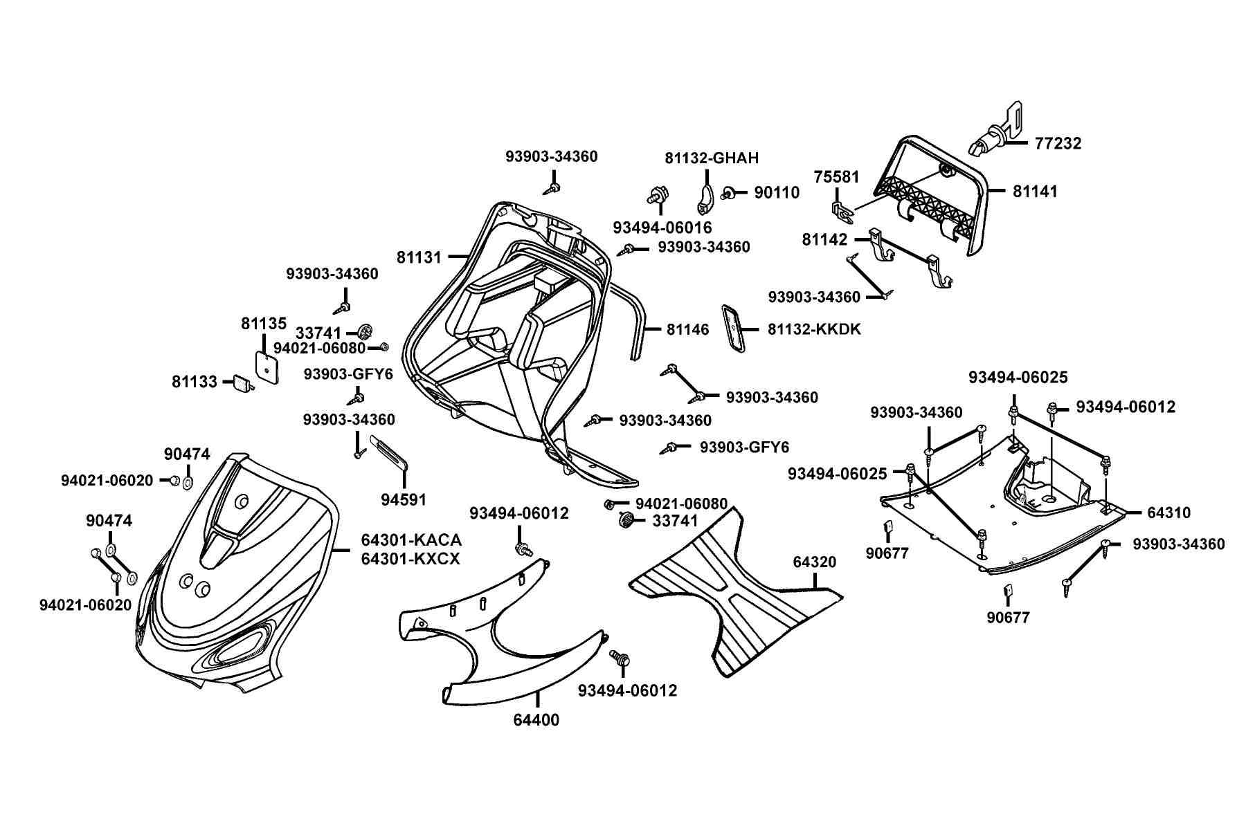 KYMCO ZX 50 (2000-2006) Font Cover, Step Floor and Inner Box parts diagram