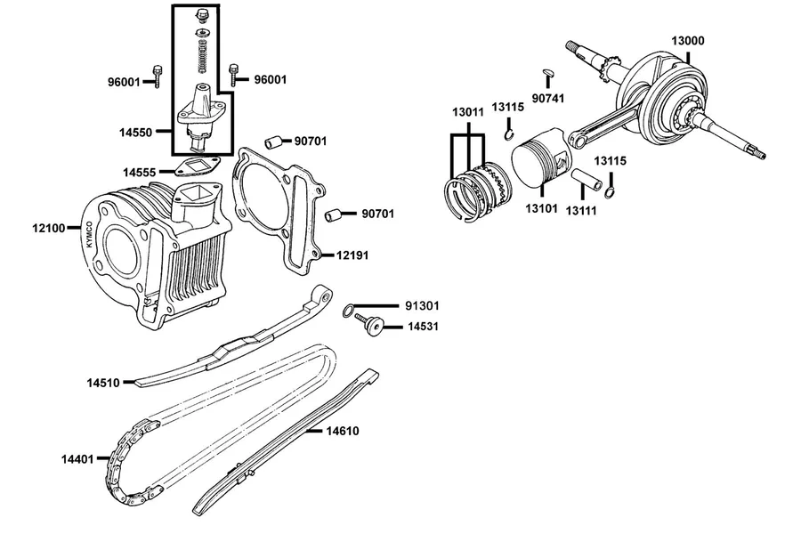 E03 Cylinder, Piston and Crankshaft parts diagram