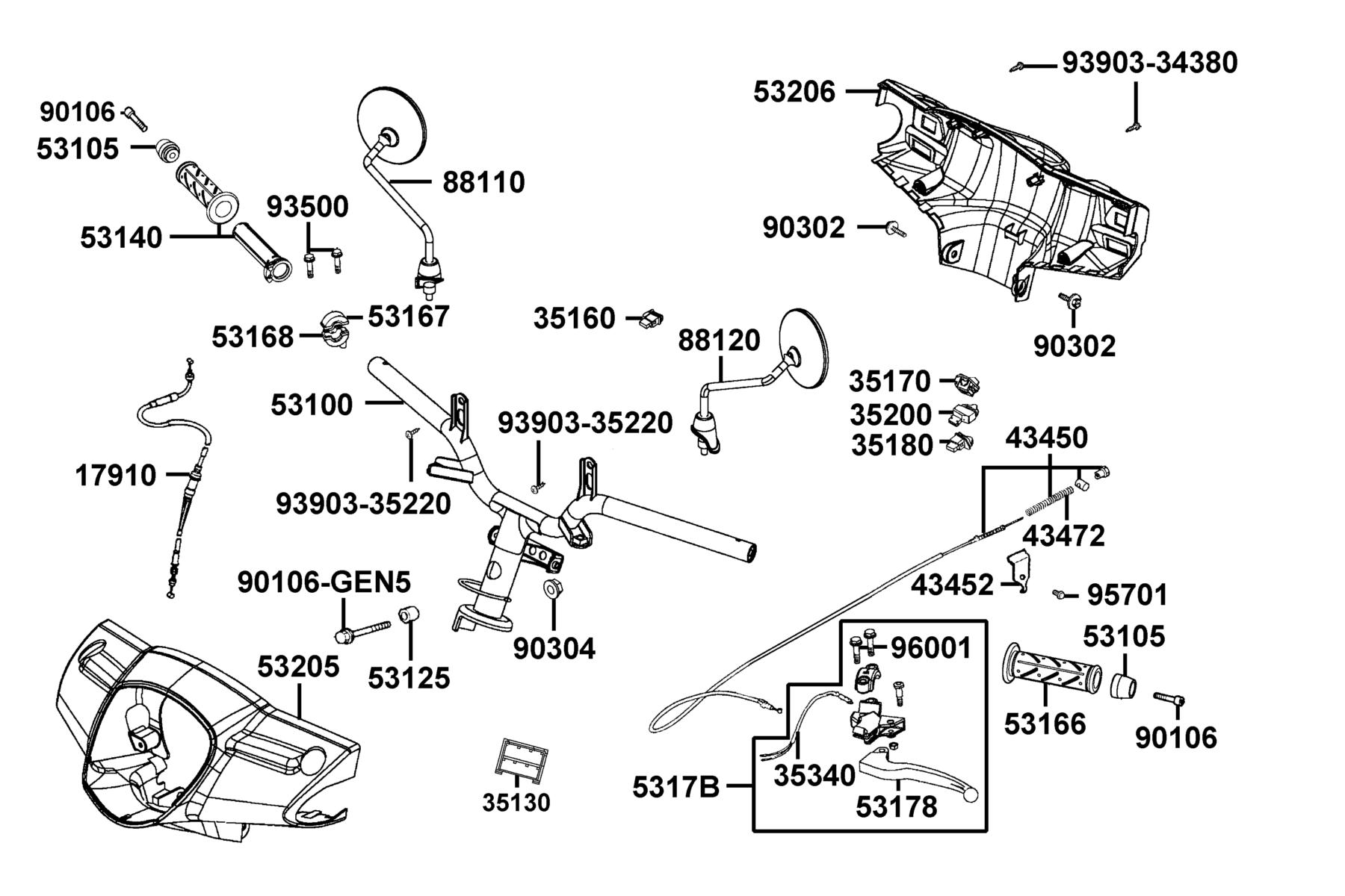 LIKE 50(2013~) Handle Steering ● Handle Cover parts diagram