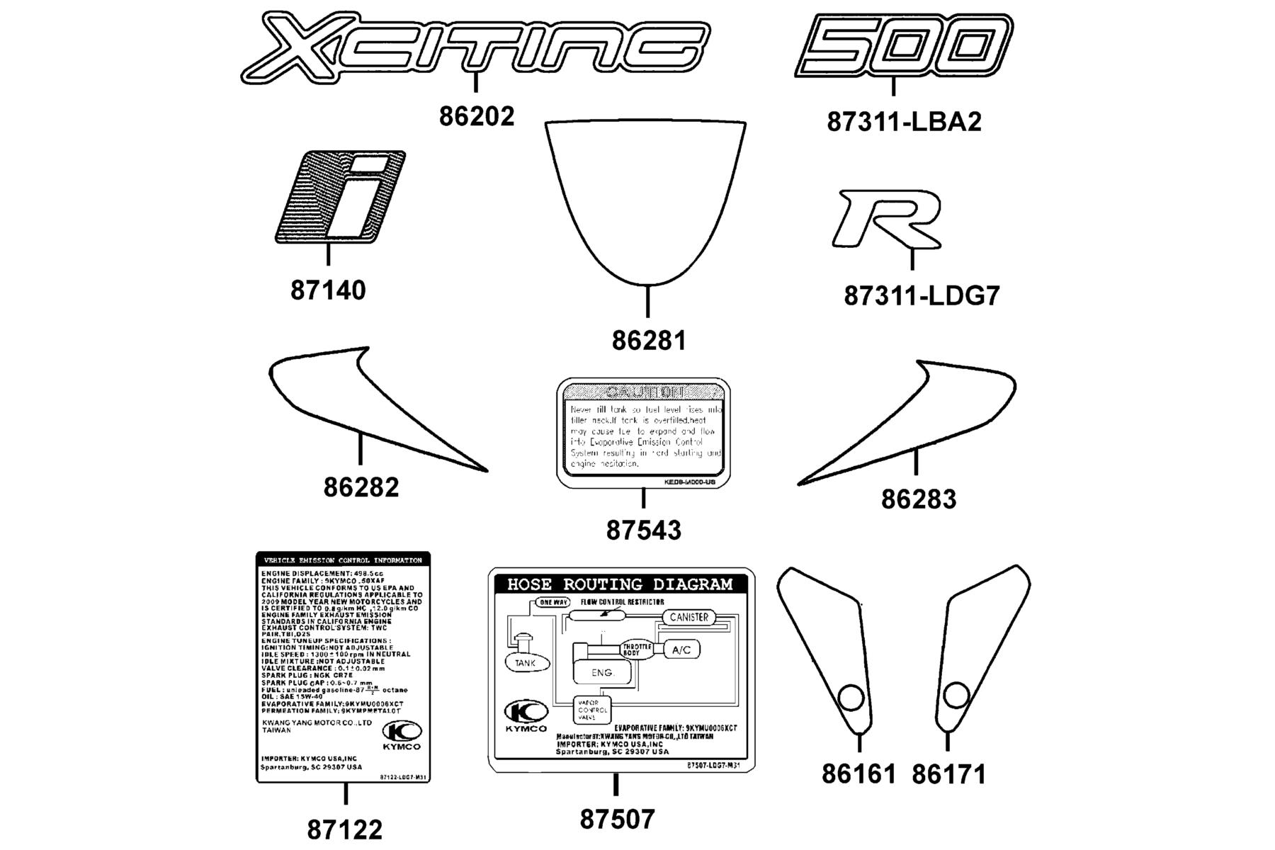 KYMCO XCITING R500i (2009-2013) Emblem and Stripe parts diagram
