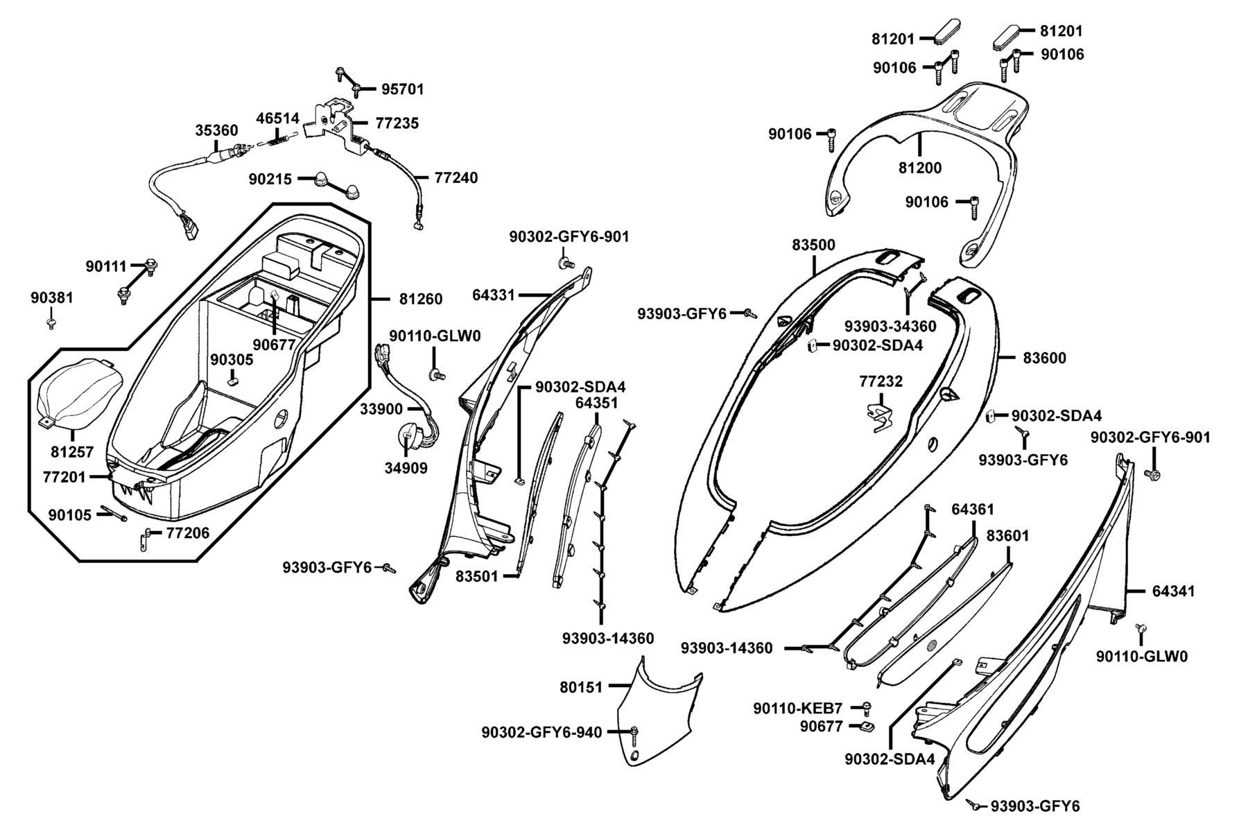 KYMCO B&W 250 (2008) Body Cover and Laggage Box parts diagram