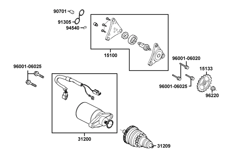 E06 Starting Motor and Oil Pump parts diagram