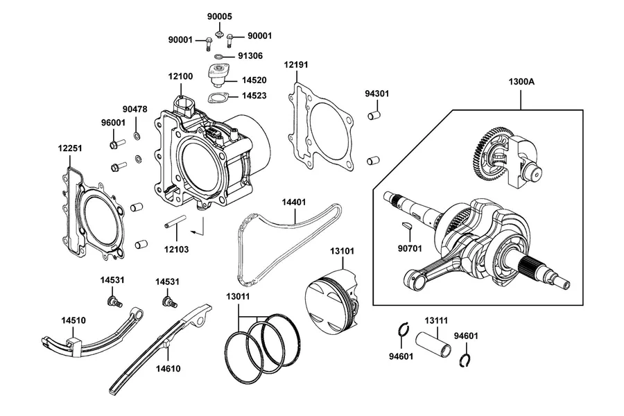 E03 Cylinder, Piston and Crankshaft parts diagram