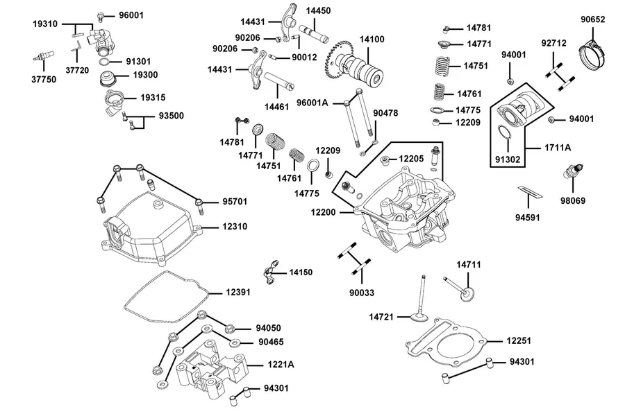E02 Cylinder Head Cover and Cylinder Head parts diagram