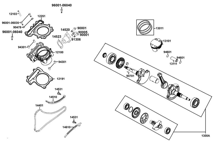 E03 Cylinder, Piston and Crankshaft parts diagram