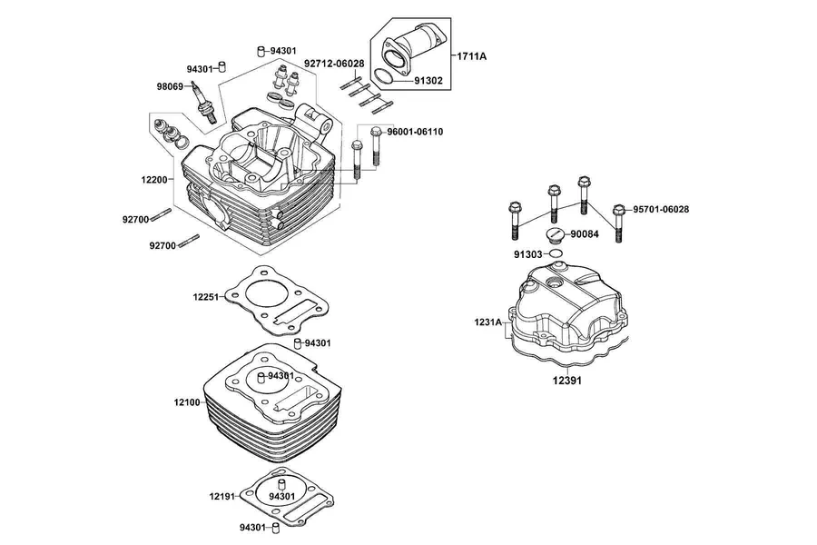 E02 Cylinder Head Cover and Cylinder Head parts diagram