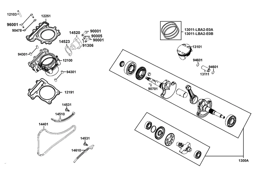 E03 Cylinder, Piston and Crankshaft parts diagram