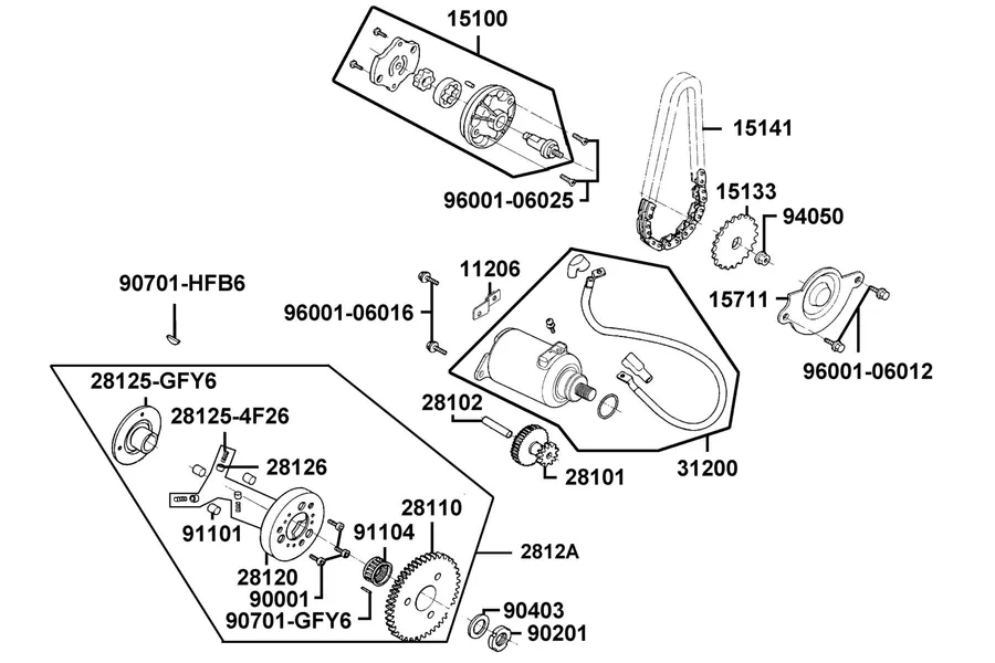 E06 Starting Motor and Oil Pump parts diagram