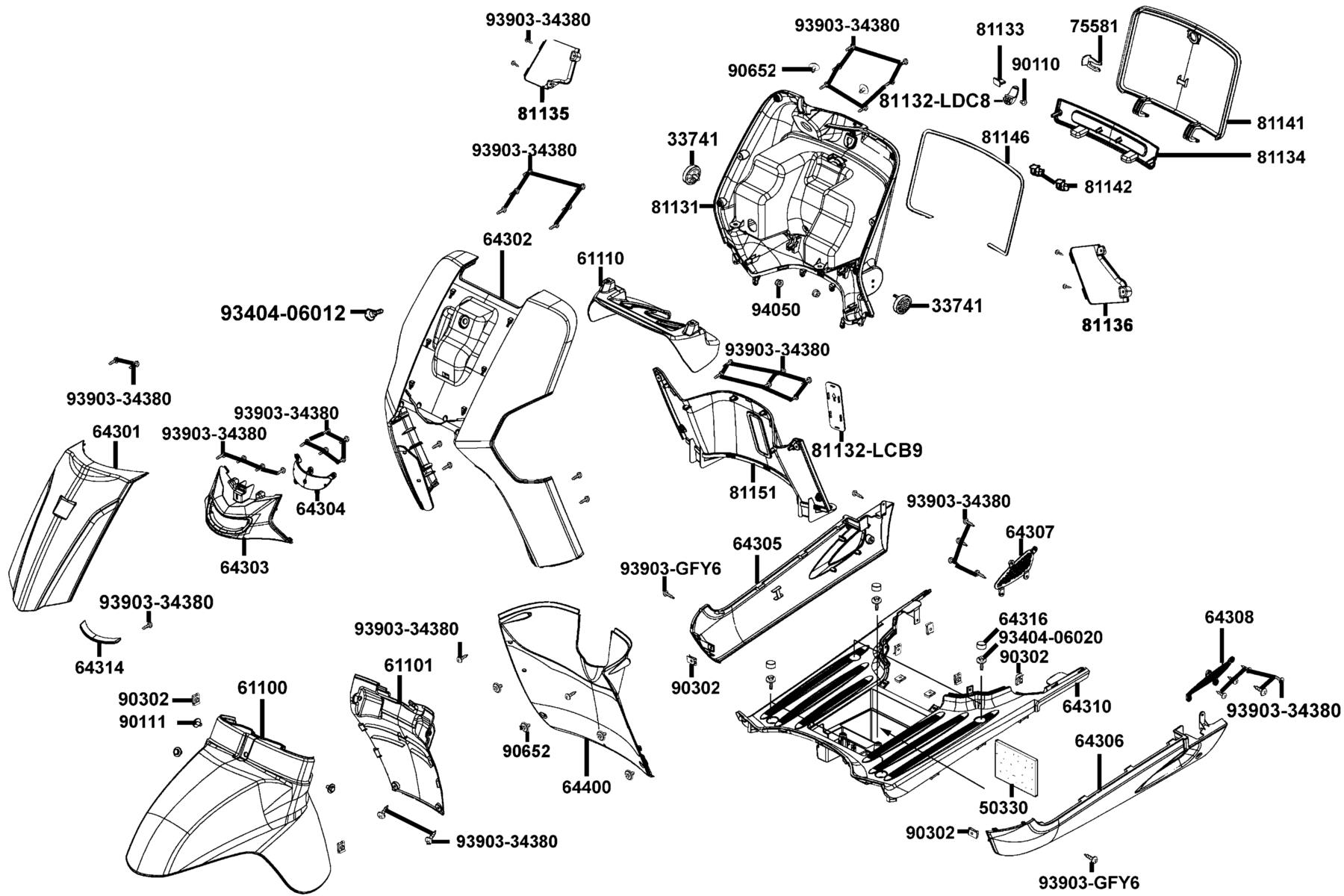 LIKE 200(2010~) Front Cover ● Front Fender parts diagram