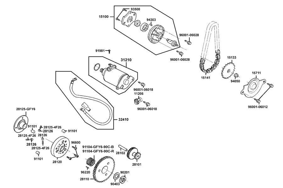 E06 Starting Motor and Oil Pump parts diagram