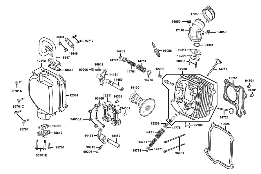 E02 Cylinder Head Cover and Cylinder Head parts diagram