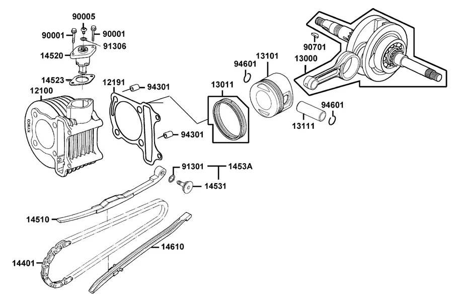 E03 Cylinder, Piston and Crankshaft parts diagram