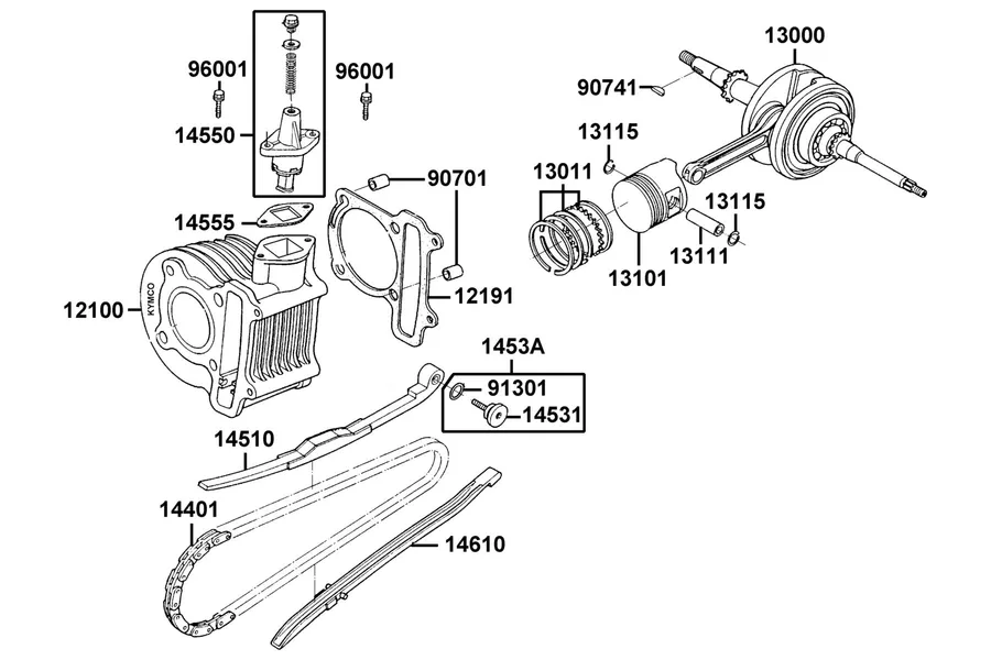 E03 Cylinder, Piston and Crankshaft parts diagram