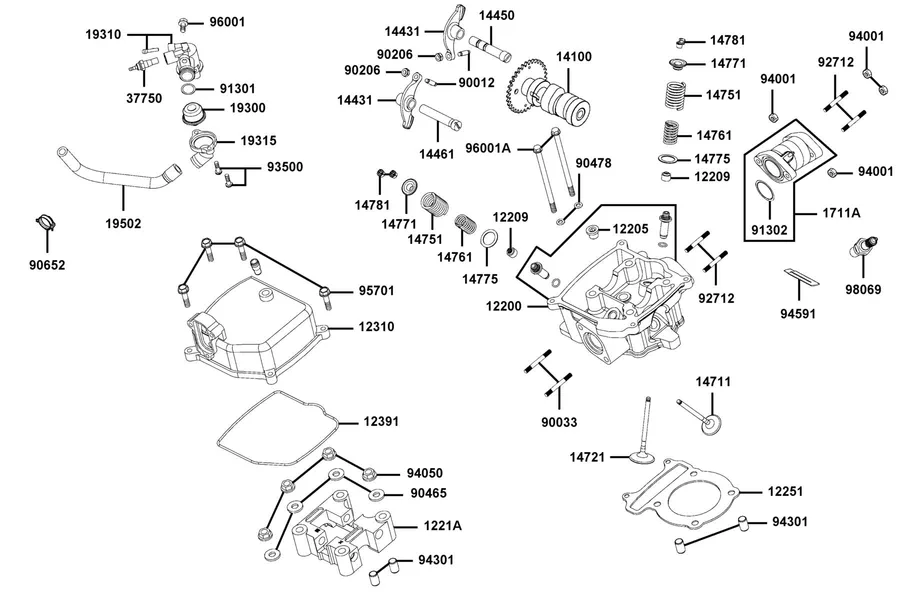 E02 Cylinder Head Cover and Cylinder Head parts diagram