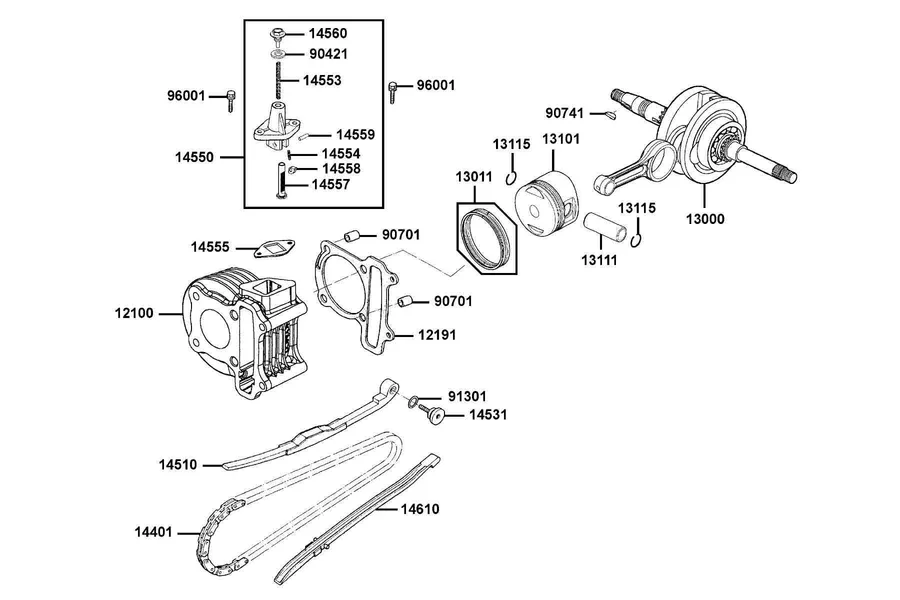 E03 Cylinder, Piston and Crankshaft parts diagram
