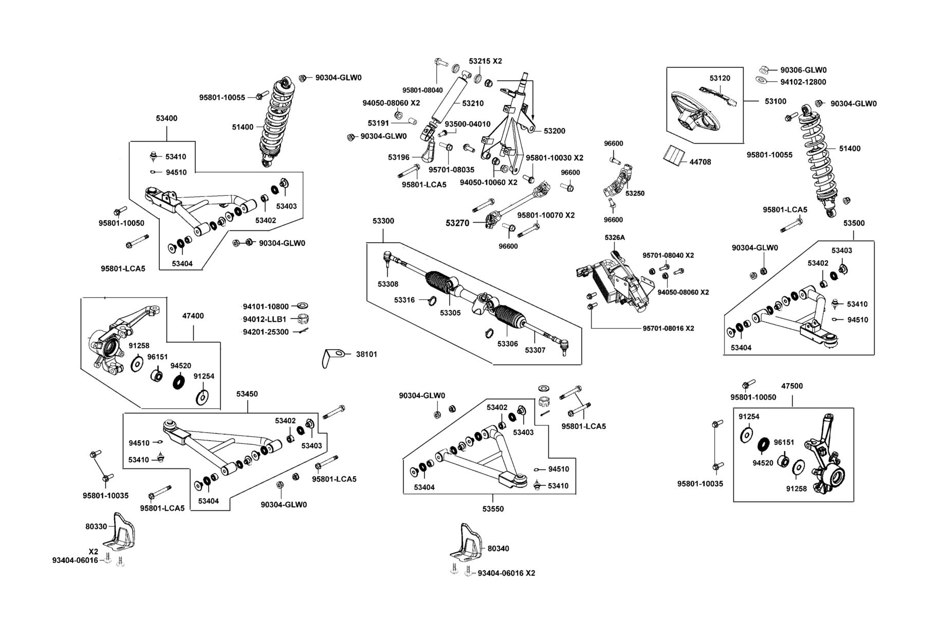 UXV Cushion Assy Fr●Wheel Assy Steering parts diagram
