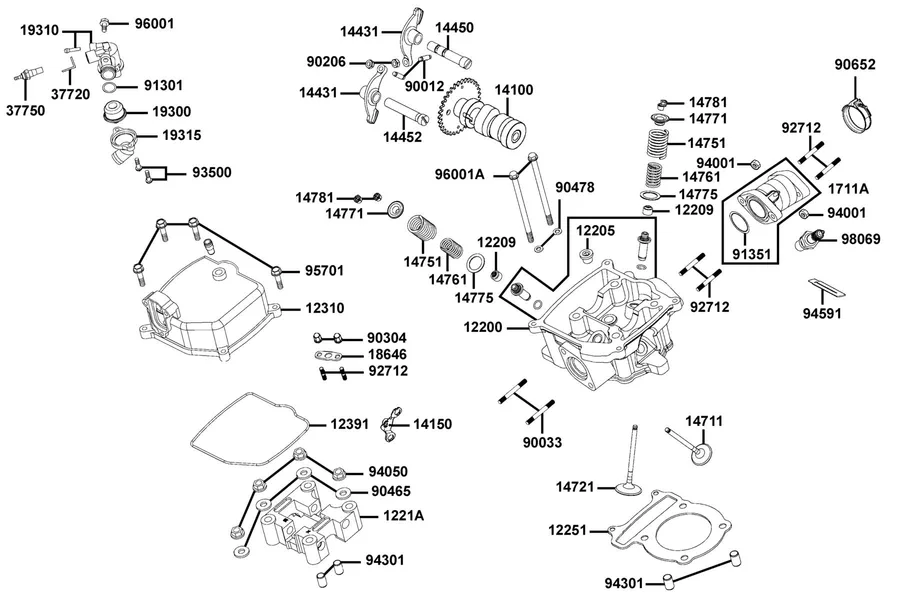 E02 Cylinder Head Cover and Cylinder Head parts diagram