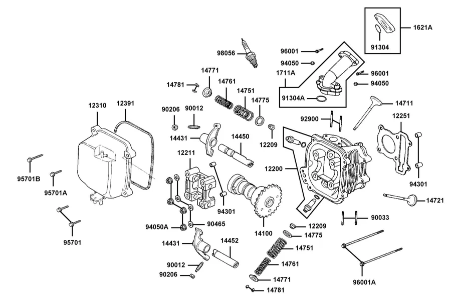 E02 Cylinder Head Cover and Cylinder Head parts diagram