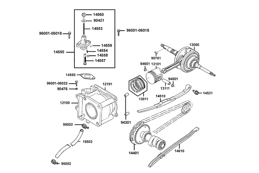 E03 Cylinder, Piston and Crankshaft parts diagram