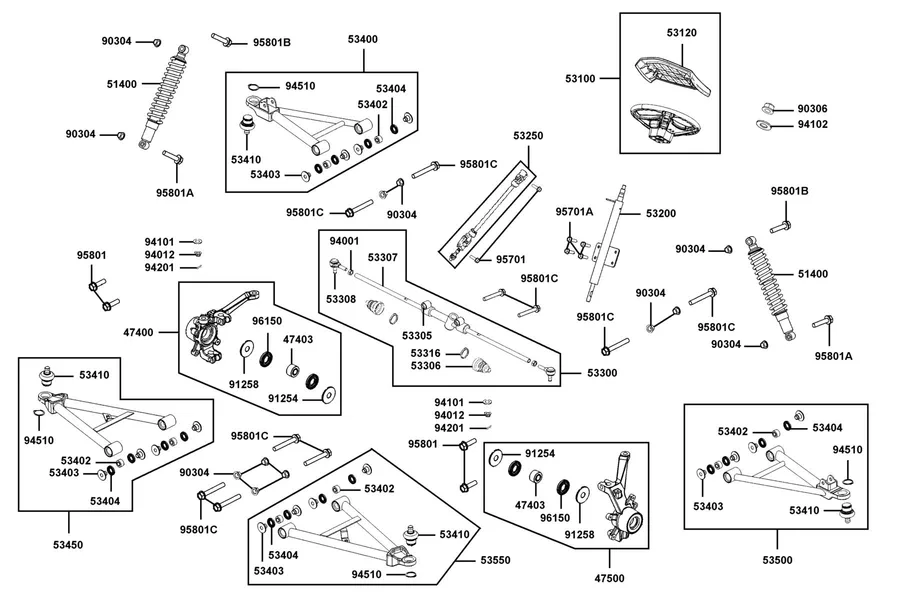 F06 Cushion Assy Fr and Wheel Assy Steering parts diagram