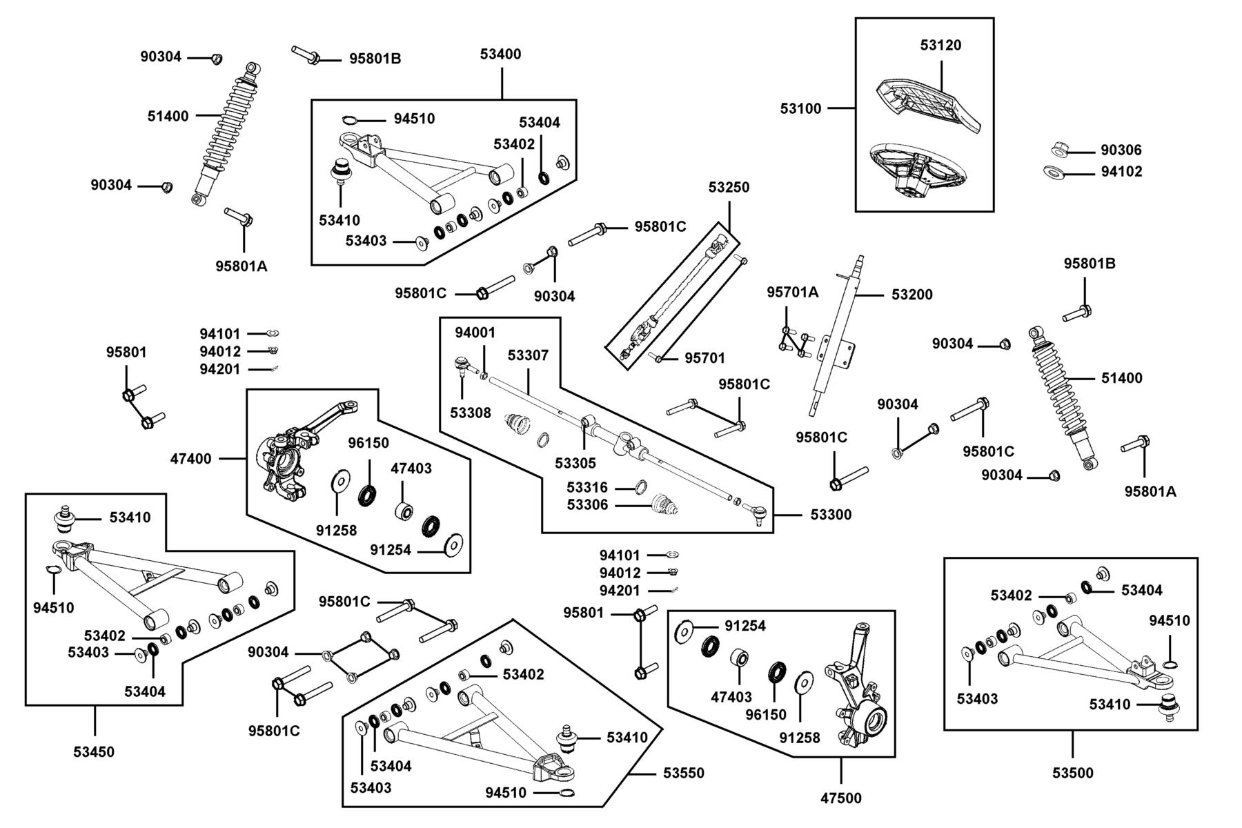 KYMCO UXV 500 (2009-2010) Cushion Assy Fr and Wheel Assy Steering parts diagram