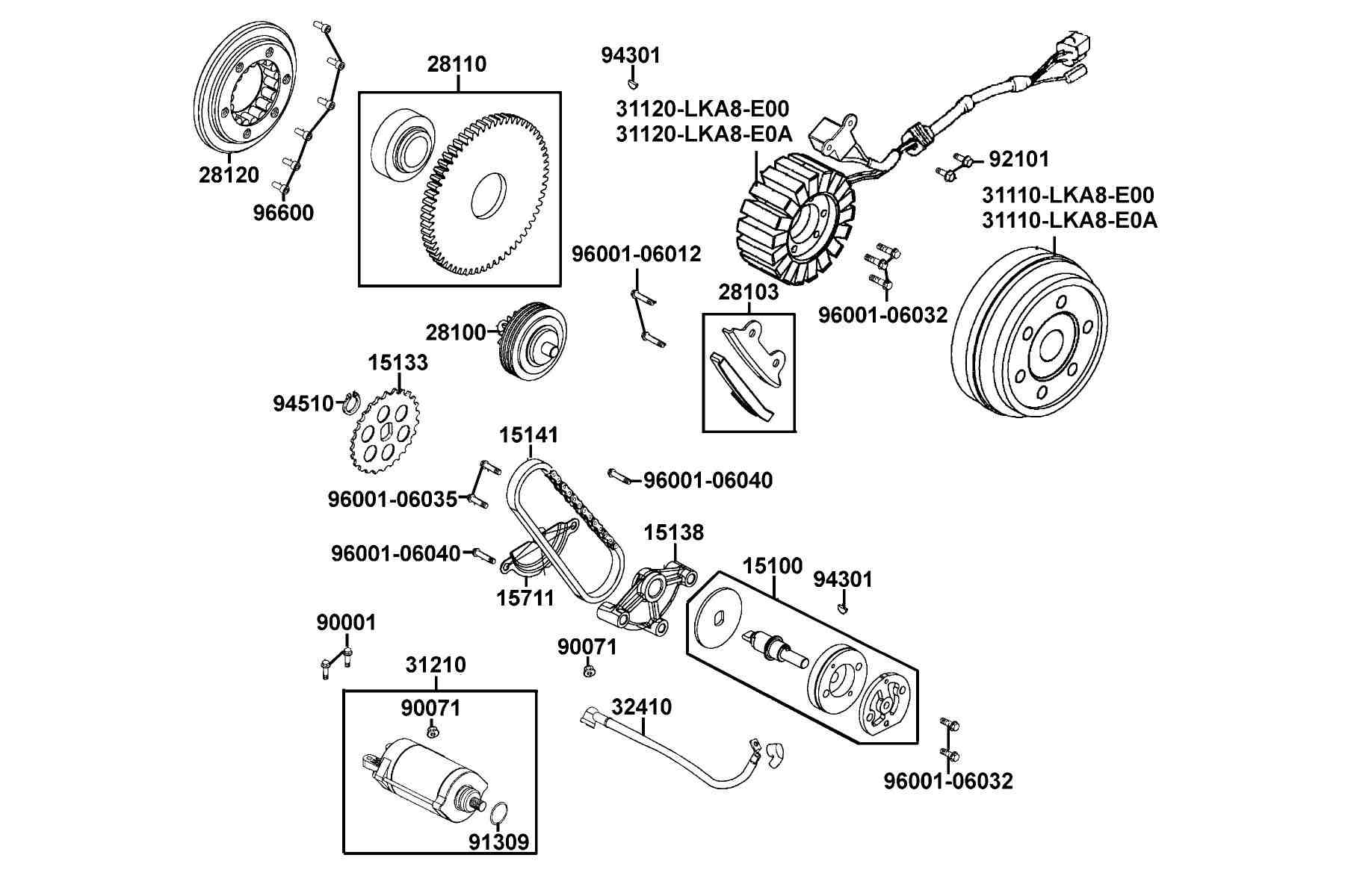 KYMCO MXU 500i (2013+) Starting Motor and Generator parts diagram