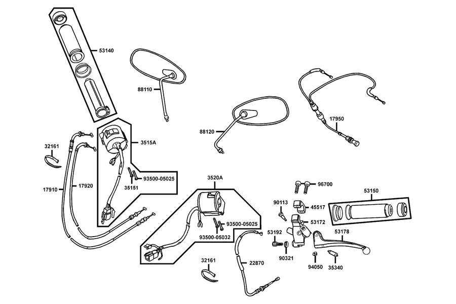 F03 Cable, Switch and Mirror parts diagram